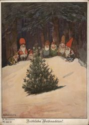 Elves Gathered Around Tree in Woods - Frohliche Wiehnachten! Postcard Postcard