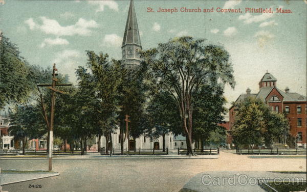 St. Joseph Church and Convent Pittsfield, MA Postcard