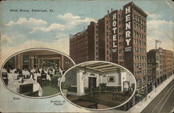 Exterior of Hotel Henry with Two Insets Showing Cafe and Section of Parlor Pittsburgh, PA Postcard Postcard Postcard