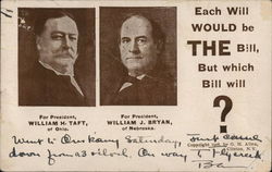 William Taft, William J. Bryan Candidates 1908 Presidents Postcard Postcard Postcard