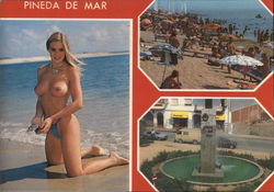 Topless Woman on Beach and City Sights Pineda De Mar, Spain Risque & Nude Postcard Postcard Postcard