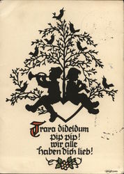 Paper Cutting of Two Children and Birds in Bush Postcard