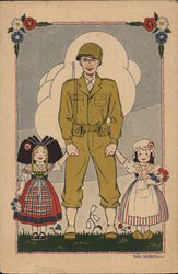 Soldier Holding Hands with Two Young Girls Postcard