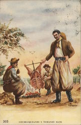 Men Eating Roasted Meat Postcard