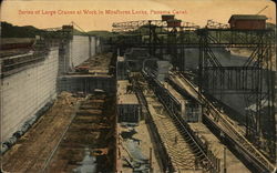 Series of Large Cranes at Work in Miraflores Locks, Panama Canal Postcard Postcard