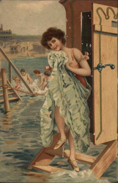 Woman in bathing suit stepping into water Swimsuits & Pinup