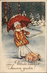 Art Deco Happy New Year! (Latvia) Girl with Pigs Postcard