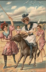 Girls at the beach with a horse Swimsuits & Pinup Postcard Postcard