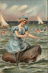 Girl fishing at sea Swimsuits & Pinup Postcard Postcard