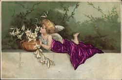 Blond Angel Wrapped in Purple Near Flowers on Ledge Postcard