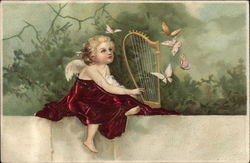 Cherub playing a harp with butterflies Postcard