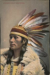 Native American Man Wearing Headdress and Fur Postcard