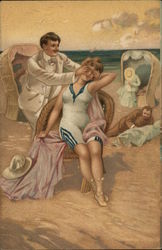 Man covering woman's eyes on the beach Swimsuits & Pinup Postcard Postcard