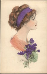 Illustration of Woman's Profile with Purple Flower & Ribbon Postcard