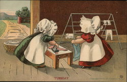 Two Girls Processing Clean Laundry Sunbonnet Babies Postcard Postcard