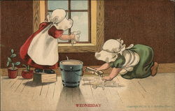 Two Girls Cleaning Window and Floor Postcard