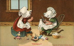 Two Little Girls Mending Doll Clothing, Thursday Sunbonnet Babies Postcard Postcard