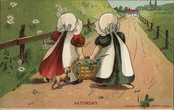 Saturday Two Girls Walking on Road Carrying Filled Basket Sunbonnet Babies Postcard Postcard