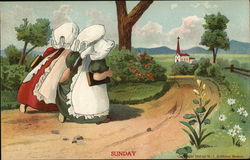 Two Girls Carrying Prayer Books Walking to Church Sunbonnet Babies Postcard Postcard