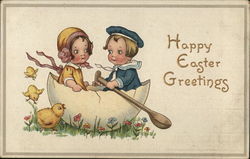 Young Boy and Girl Inside Eggshell - Happy Easter Greetings With Children Postcard Postcard