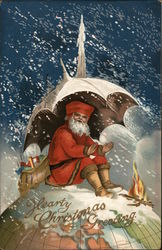 Hearty Christmas Greeting Santa on top of World Postcard