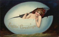 Nude Woman Peeking out of Cracked Egg, Easter Greetings Postcard