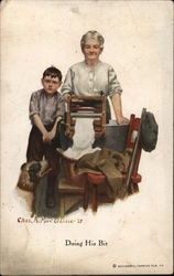 Boy Turning Laundry Handle for Older Woman Artist Signed Postcard Postcard