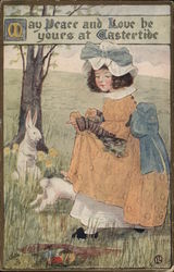 Girl in Field Near Tree with White Rabbits Postcard