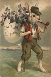 Bunny Dressed as Person, Smoking Pipe, Walking with Cane With Bunnies Postcard Postcard