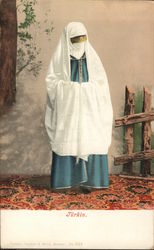 Woman Dressed in Blue and White Robes with Face Obscured Postcard