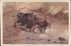 German Car Driving Through Water and Debris Postcard