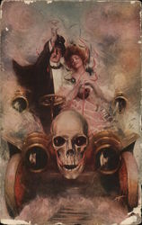 Celebrating Couple in Car with Skull Head in Front Death Postcard Postcard