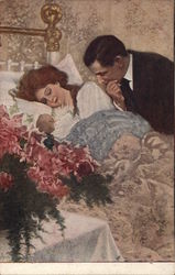 Man Leaning Over Woman in Bed Holding Infant Postcard