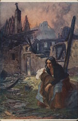 Dark-Haired Woman Holding Baby Sitting Amid Ruins Women Postcard Postcard