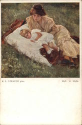 Woman in Gold Dress Laying in Grass Near Sleeping Child Children Postcard Postcard