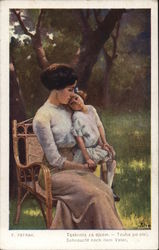 Young Girl Sitting with Woman in Chair Outdoors Postcard