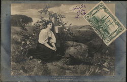 Young Woman in Graveyard Leaning Against Cross Death Postcard Postcard