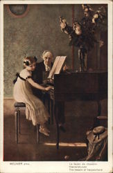 Older Man Seated Near Young Girl Playing Piano Postcard