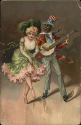 Man in Patriotic Suit Playing Banjo Near Dancing Woman Black Americana Postcard Postcard