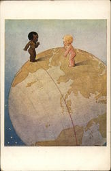 Two Babies of Different Races Standing on World Black Americana Postcard Postcard