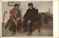 Two Seated Men Talking, Both Wearing Hats Postcard