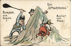 Three Men Chasing Each Other Around a Small Mountain Postcard