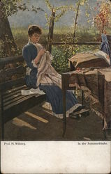 Woman Sewing, Seated on Bench Outdoors Postcard