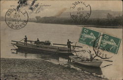 Barge Carrying Cart in Water Near Rowboat Postcard