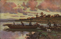 Four Men Load A Flock Of Sheep On A Boat Postcard