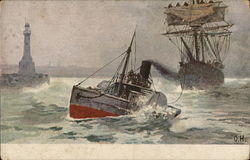 Tug Boat in Choppy Water Near Lighthouse and Ship Postcard