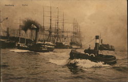 Tugboats Near Larger Ships in Water Postcard