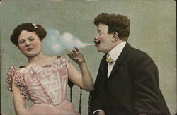 Man Blows Cigarette Smoke Towards Woman In Pink Gown Postcard