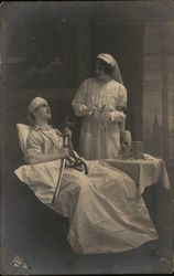 Uniformed Nurse Standing Near Man Wearing Bandage Holding Sword Postcard