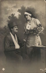 Nurse Near Wounded Soldier Holding Flowers, Letter Postcard